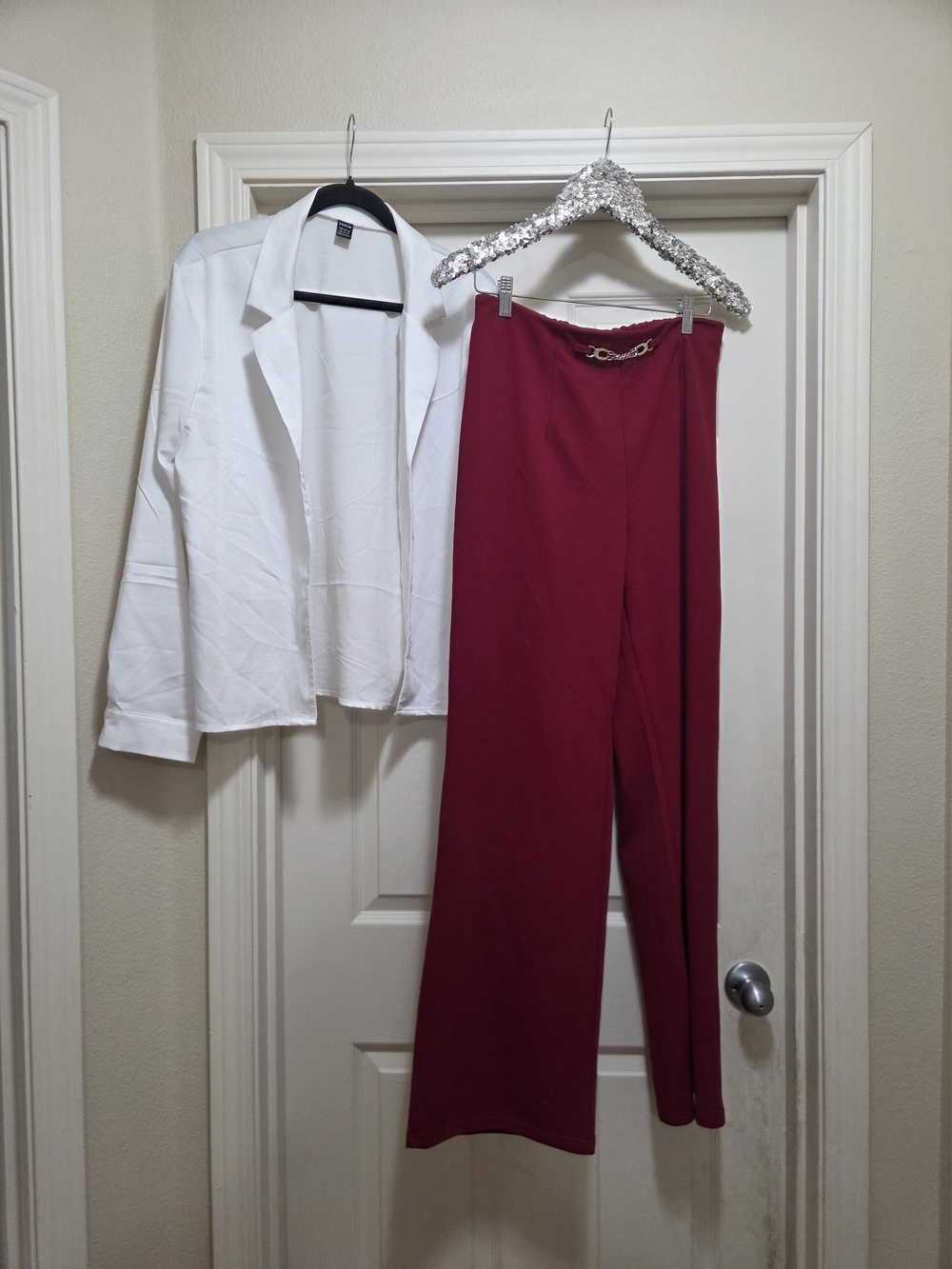 SHEIN Burgundy Wide-Leg Pants & White Long Sleeve Blouse SET